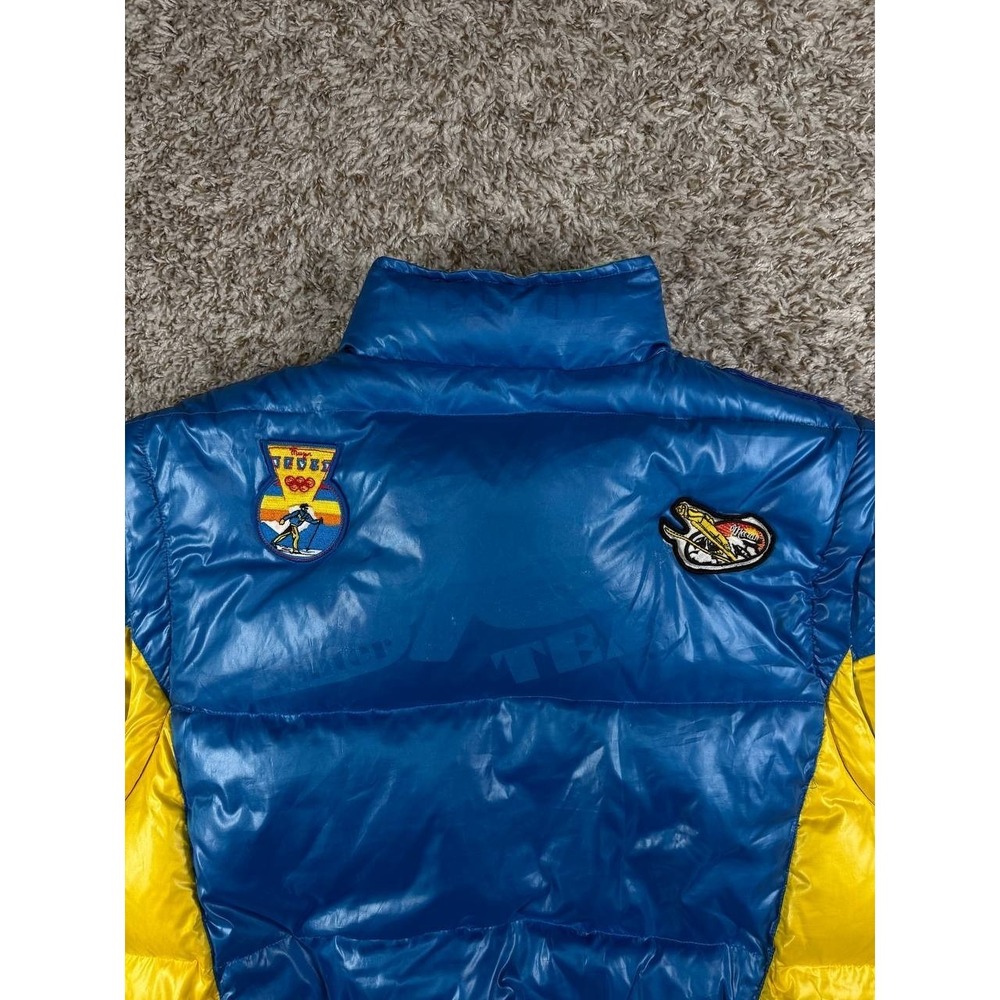 Vintage Meezan Ski Team Patch Puffer Jacket Blue Yellow Men's Large - Picture 13 of 14